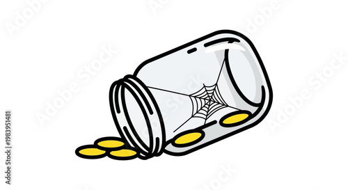 empty savings jar with spiderweb and scattered gold coins representing financial struggle and economic hardship
