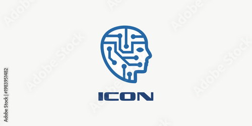 Abstract blue icon depicting a human head filled with circuitry