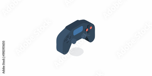 Isometric view of a dark blue gaming controller with a shadow