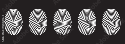 Fingerprint Icon Set with Symbols – 5 White Biometric Dark Background Concept Vector Collection. Fingerprint icon in line design. icon for website design, mobile app, ui. Fingerprint icon outlines.