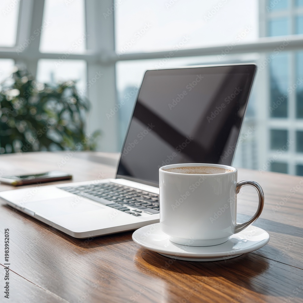 Fototapeta premium Laptop computer and coffee cup on wooden desk with city view.