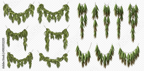 Set of green ivy garlands and hanging plants, realistic vector illustration for decoration and design elements.