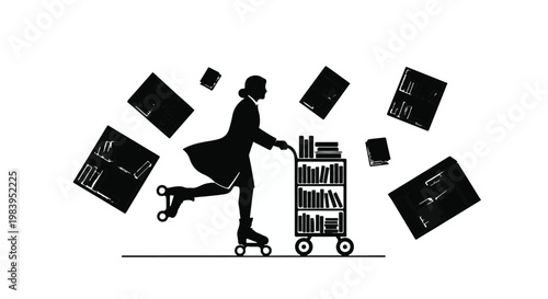 Playful silhouette of a person on roller skates pushing a cart filled with books, surrounded by floating pages.
