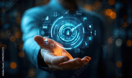 person in a suit holding an outstretched palm presenting a glowing blue holographic circular data interface with analytics icons and a central keyhole amid bokeh lights, evoking control and confidence