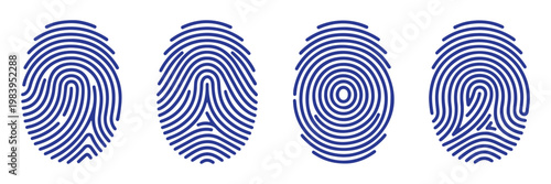 Fingerprint collection biometric identification thumbprint set forensic security identity patterns isolated. Security symbols. Blue Minimalist Fingerprint Icon Set.