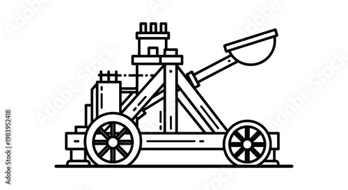 Ancient siege weapon trebuchet catapult illustration on white background vector medieval war machine design historical object cartoon style.