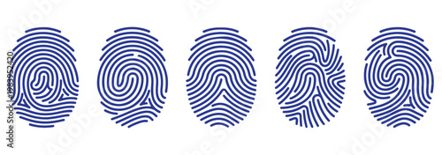 Fingerprint collection biometric identification thumbprint set forensic security identity patterns isolated. Security symbols. Blue Minimalist Fingerprint Icon Set.