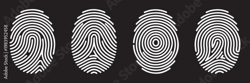 Fingerprint scan icons collection in black. Set of biometric identification symbols with different line patterns. White Fingerprint Icons. Abstract Spiral Patterns, Identity and Security Concept