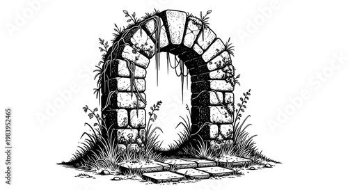 Ancient stone archway overgrown with moss and vines entrance to secret garden weathered cobblestone path leading through natural element.
