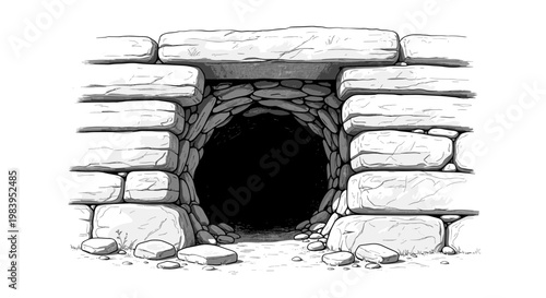 Ancient stone well entrance, dark tunnel with rough rock walls, mysterious and mysterious passage for exploration.