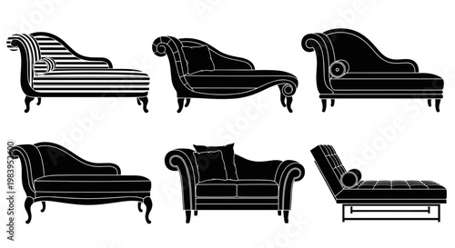 Antique chaise longue furniture silhouette collection classic lounge sofa set for interior design and living room decor.