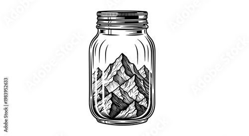 Artistic glass mason jar containing majestic mountain peaks in woodcut style symbolizing preserved nature and travel vibes.