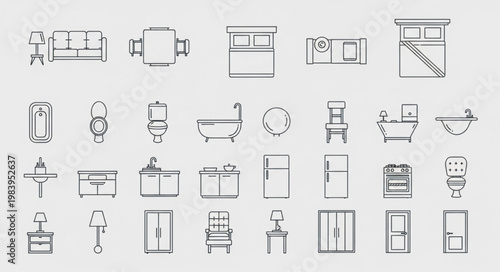 Collection of bathroom and kitchen fixtures line art icons.