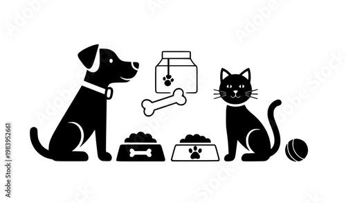 Black and White Pet Care Vector Illustration with Dog Cat and Accessories Minimal Design