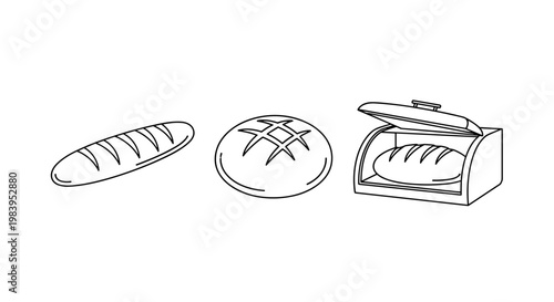 Bakery goods collection with fresh loaf of bread crusty round sourdough and wooden breadbox container icon set on white.