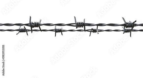 Barbed wire fence illustration with sharp spikes and metallic texture isolated on white background for security concept.