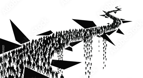 Crowd of people forming a winding path with abstract elements