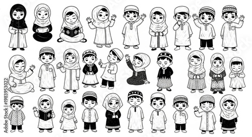 Islamic Children in Traditional Attire - A Black and White Illustration.
