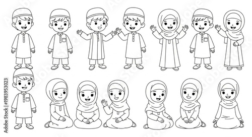 Islamic Children Cartoon Characters in Traditional Outfits.