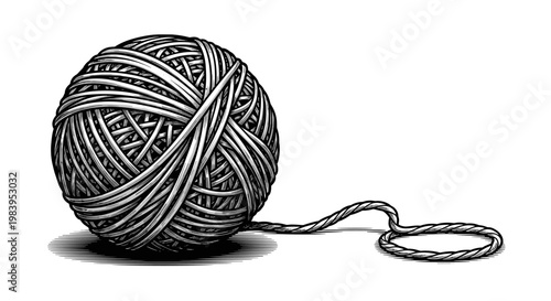 Ball of yarn with an unraveling string, presented in a detailed hand-drawn sketch illustration, isolated on white background.
