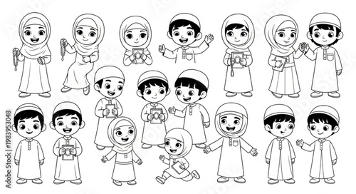 Islamic children in traditional attire, a diverse group of young Muslims.