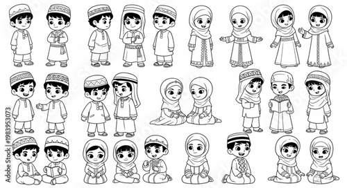 Islamic children in traditional attire, black and white illustration.