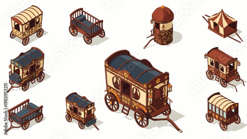 Isometric Vintage Fantasy Wagons and Carts Collection. Antique wooden caravans, gypsy wagons, and wheeled beds for travel, circus, fairground.
