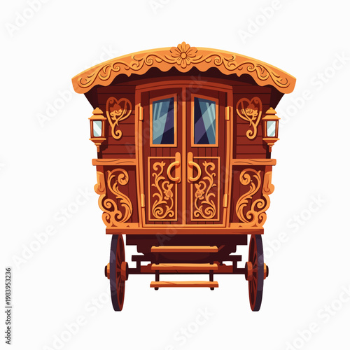 Ornate vintage wooden wagon, a beautifully decorated gypsy caravan or circus wagon, with intricate carvings and elegant details, isolated on white.