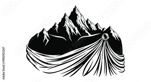 Majestic mountain range forming a regal crown adorned with flowing fabric and a jewel