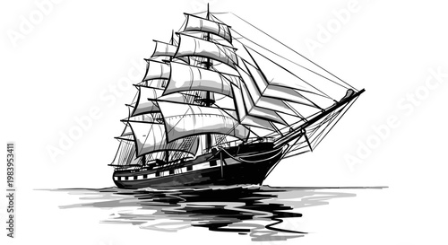 Black and white hand drawn sketch of majestic sailing ship with multiple masts crossing ocean waters during historic voyage.