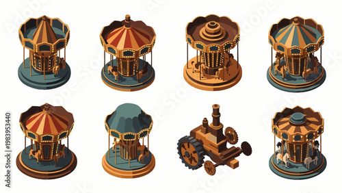 Isometric set of vintage carousel rides and an antique tractor illustration, classic amusement park attractions, retro fairground elements isolated.