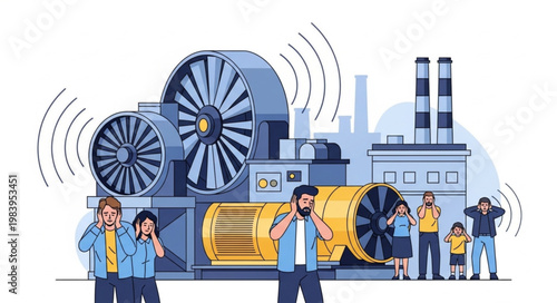Industrial noise pollution affecting people near factory machinery.