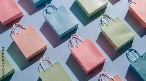 Flat lay of pastel gift bags arranged symmetrically, soft shadows