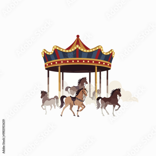 Vibrant vector illustration of a classic merry-go-round with galloping horses, evoking childhood joy and nostalgic amusement park fun at a fairground festival.