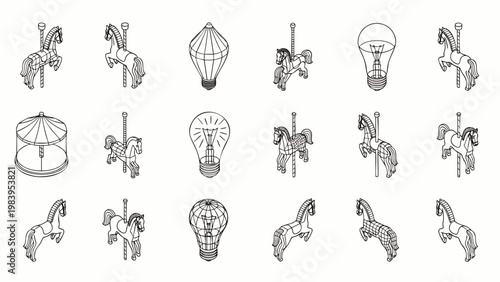 Isometric line art collection featuring vintage carousel horses and whimsical hot air balloons, perfect for amusement park themes, creative ideas, and playful designs.