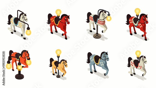 Isometric vintage carousel horses with integrated lamps, a charming collection of amusement park ride illustrations in various colors and styles, perfect for game assets and decor.
