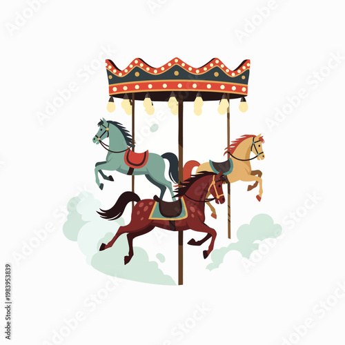 Vintage carousel with classic wooden horses, a symbol of childhood joy and amusement park fun. Detailed illustration of a traditional fairground ride.