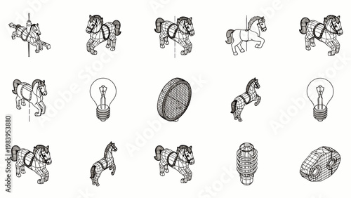Detailed line art collection showcasing vintage carousel horses, classic light bulbs, and diverse mechanical components in a clean, schematic style for design projects.
