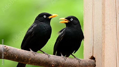 Two black birds perch on branch.
