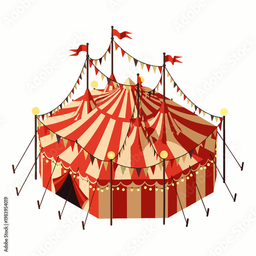 Classic red and white striped circus tent, a vibrant big top for entertainment and shows, with festive flags and pennants, evoking a traditional carnival atmosphere and fun fair events.
