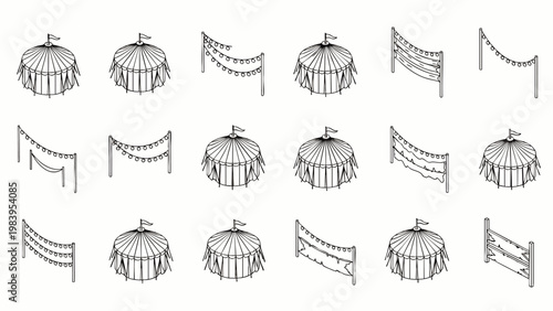 Isometric line art icons set of circus tents and festive bunting flags, perfect for carnival, fairground, celebration, and event design elements.