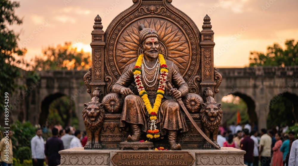 Obraz premium Image depicts a bronze statue of a historical figure seated on an ornate throne. The statue features intricate detailing, with the figure wearing a traditional turban and a prominent mustache. The fac