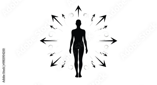 Silhouette of a person radiating energy outwards in a circular pattern of arrows.