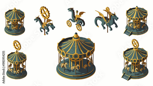 Isometric vintage steampunk carousel set with fantasy dragon rides, ornate gold and teal amusement park attractions, detailed fairground entertainment illustrations.