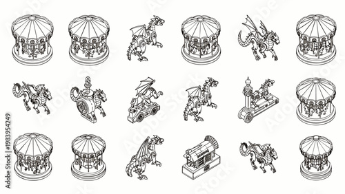 Isometric line art vector set: mythical creatures, fantasy beasts, amusement park carousels, and historical elements. Detailed black and white illustrations.
