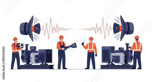 Industrial workers testing sound equipment and machinery.