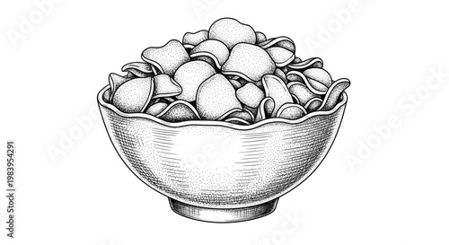 Bowl of potato chips, salty snack food, crispy fried potato slices, crunchy appetizer for party, delicious junk food, refreshment.