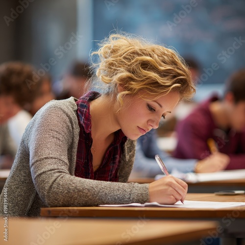 Student girl focused on writing test in classroom, blurred background of classmates studying.