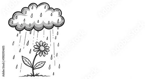 Cartoon cloud raining over small blooming flower in ground for concept of growth nature care and environmental protection.