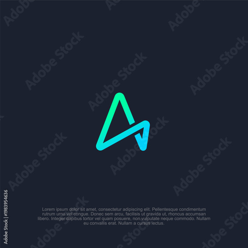 Modern Minimalist Abstract Letter A Logo Design with Vibrant Neon Cyan and Green Gradient on a Dark Navy Blue Background. Sleek Geometric Linear Monogram for Tech and Creative Professional Brands.
